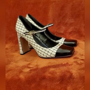 SAM EDELMAN BLACK WHITE, GOLD TWEED PUMPS